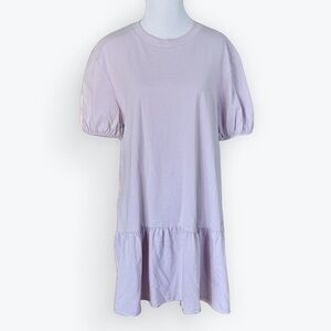 Drop-Waist Puff-Sleeve Lavender Lilac Cotton Jersey Mini Dress Crewneck ~ S